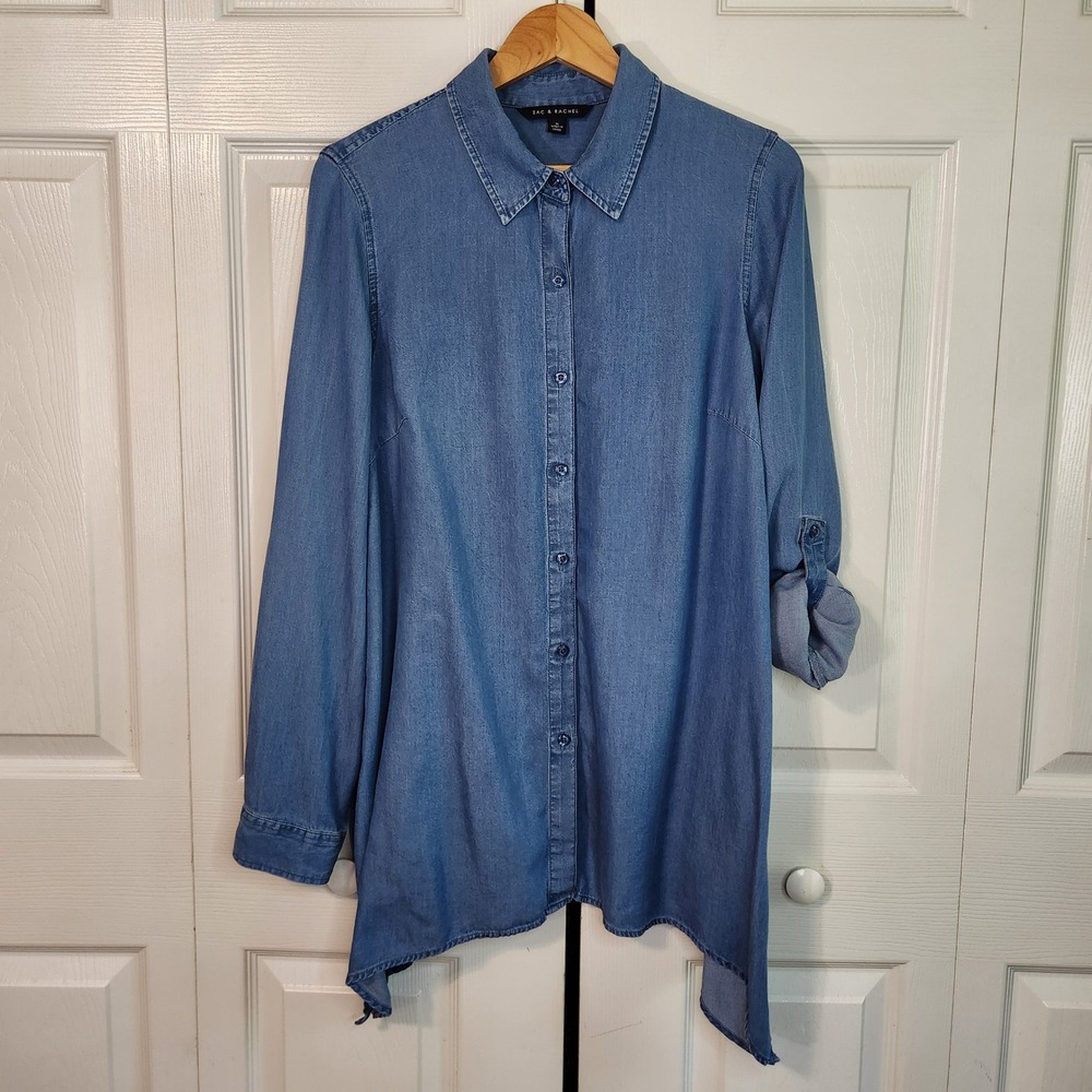 Zac & Rachel Blue Lyocell Denim Tunic Shirt Roll Tab Sharkbite Hem Womens Medium